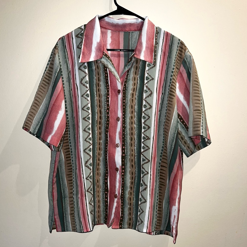 Watermelon Striped Collared Button Up, Vintage Pink & Green Shirt